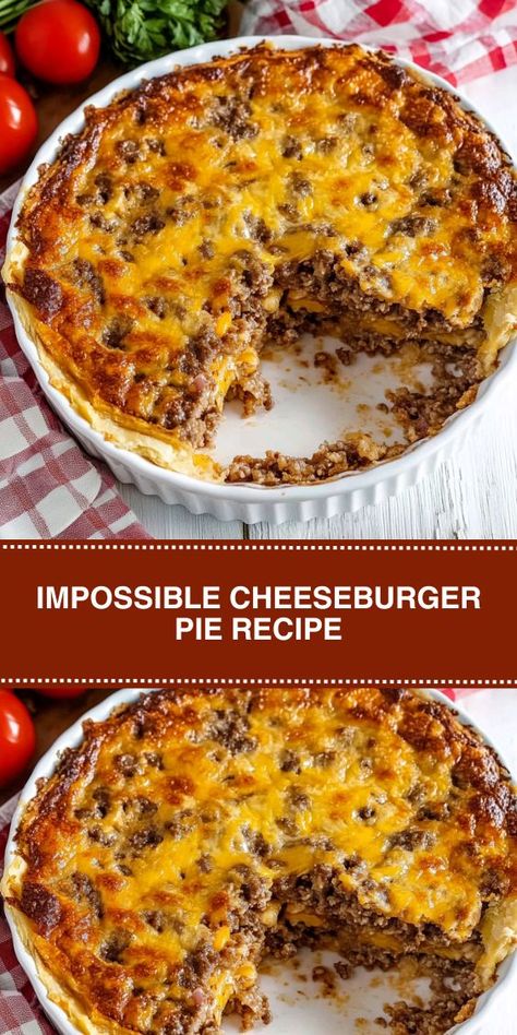 This Impossible Cheeseburger Pie recipe combines the classic flavors of a cheeseburger into an easy, savory pie that’s perfect for dinner. With layers of seasoned ground beef, crispy bacon, and a mix of cheddar and Pepper Jack cheese, all topped with a golden Bisquick crust, this dish is a family favorite. Whether you’re looking for a quick weeknight meal or a crowd-pleaser for a potluck, this cheeseburger pie is both simple to make and satisfying. Ground Beef And Pie Crust Recipes, Cheeseburger Pie Pioneer Woman, Cheeseburger Pie With Crust, Bisquick Hamburger Pie, Impossible Cheeseburger Pie Bisquick, Cheeseburger Pie Bisquick, Cheese Burger Pie, Cheeseburger Bake, Impossible Cheeseburger Pie