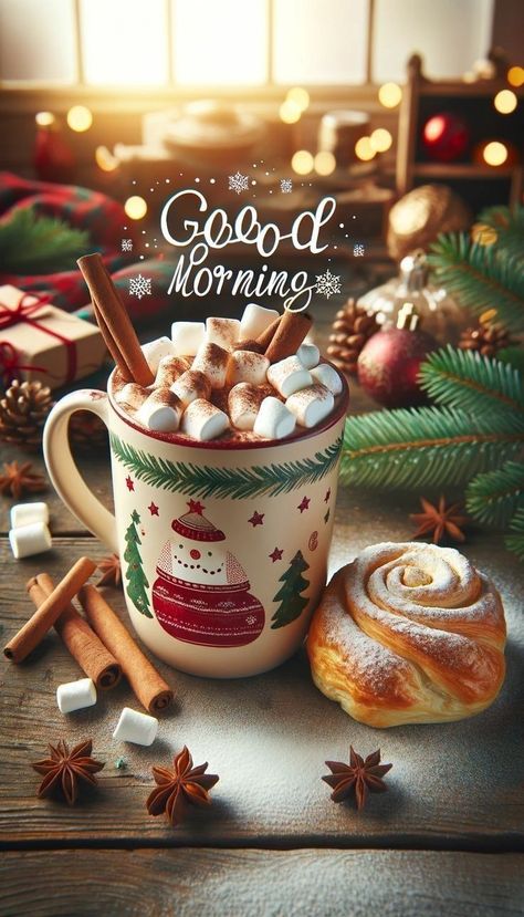 Good Morning Christmas Images, Good Morning December, December Coffee, Good Morning Christmas, Christmas Dreaming, Winter Coffee, Merry Christmas Images, Christmas Themes Decorations, Holiday Coffee