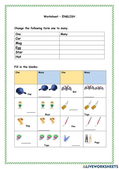 One And Many Worksheet, One And Many, Singular And Plural, English Lessons For Kids, English Activities, Phonics Worksheets, School Subjects, Kindergarten Worksheets, Online Workouts