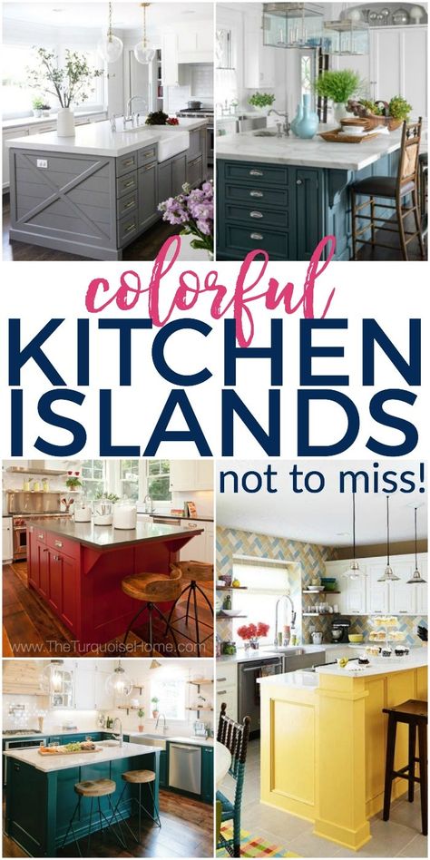 Green Blue Kitchen Island, Teal Blue Kitchen Island, Paint Kitchen Island Ideas, White Kitchen Island Color Ideas, Accent Color On Kitchen Island, Bright Kitchen Island Colors, Bold Kitchen Island Color, Kitchen Island Accent Color Farmhouse, Accent Colors For Kitchen Island