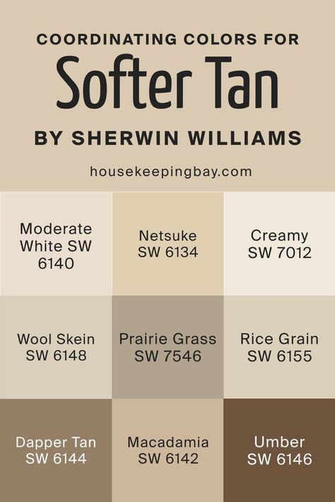 Softer Tan SW 6141  Coordinating Colors by Sherwin-Williams Sherwin Williams Oatmeal Color, Kitchen Cabinets Painted Sherwin Williams Creamy, Nutmeg Paint Color, Sherwin Williams Tan Colors, Sherwin Williams Warm Neutrals, Tan Paint Colors, Brown Paint Colors, Wool Skein, Beige Paint Colors