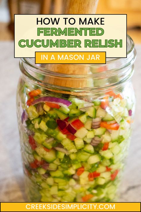 Fermentation is so much easier than canning, and doesn't require a bunch of equipment. Just a mason jar, a glass weight, and a fermentation lid, and you're off to the races. Try this delicious fermented relish recipe. It is amazing on hamburgers, hot dogs, or in your favourite potato salad recipe. I love to use it in homemade tartar sauce. Mason Tops Fermenting, Fermented Cucumber Relish, Fermented Cucumber Recipe, Masontops Fermentation Recipes, Mason Jar Fermentation Recipes, Cucumber Recipes Canning, Fermented Foods Recipes, Fermented Relish, Lacto Fermented Vegetables