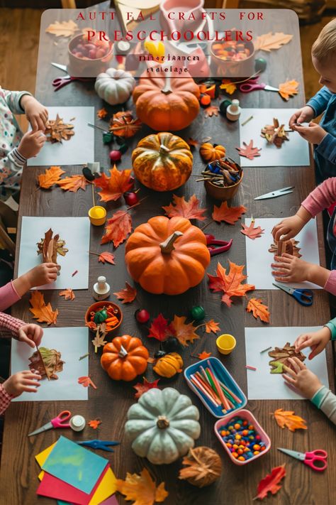 Children seated around a table making autumn crafts with leaves, pumpkins, and art supplies. Autumn Fine Motor Activities, Autumn Creative Ideas For Children, Preschool Autumn Activities, Leaf Activities Preschool, Easy Autumn Crafts For Kids, Autumn Preschool Activities, Autumn Activities For Preschool, Autumn Painting Ideas Easy, Autumn Activities For Toddlers