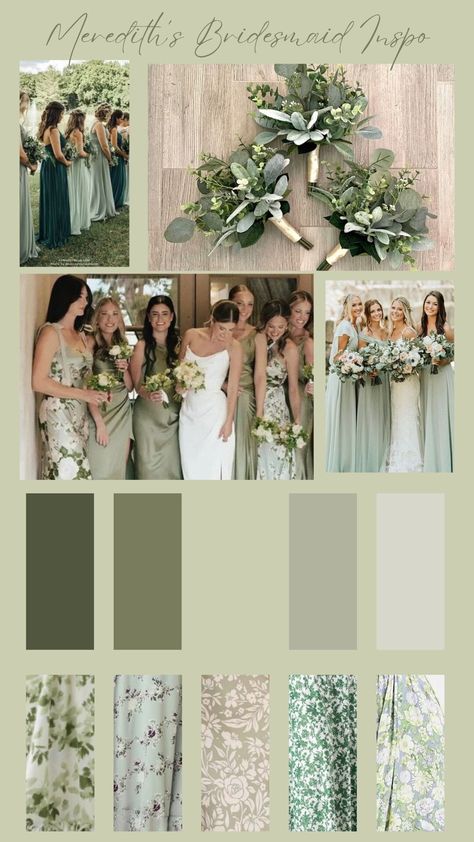 Greenish Bridesmaid Dresses, Bridesmaids Pick Own Dresses, Dust Sage Bridesmaid Dresses, Bridesmaid Dress Colour Palette, Colors For June Wedding, Different Green Shades Bridesmaid Dresses, Two Tone Bridesmaid Dresses, Olive Mismatched Bridesmaid Dresses, Sea Moss Bridesmaid Dresses