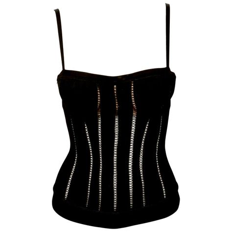 1991 AZZEDINE ALAIA black bustier corset RUNWAY top | From a unique collection of rare vintage Bustiers at https://www.1stdibs.com/fashion/clothing/shirts/bustiers/. Corset Runway, Alaia Mini, Indian Boots, 90s Corset, Korsett Top, Knit Corset, Runway Top, Corset Top Black, Vintage Bustier