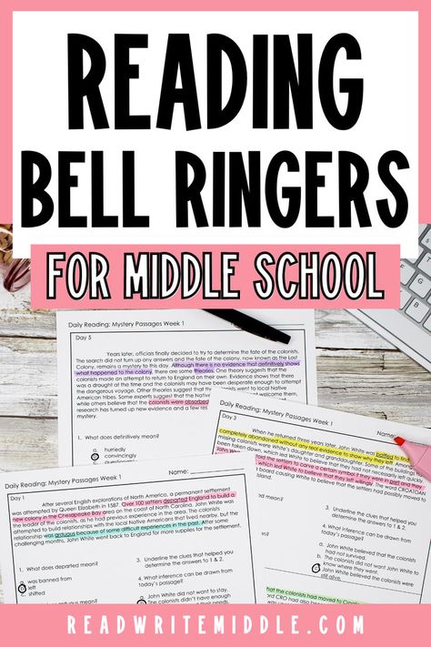 Trying to find fun reading and ELA bell ringers for middle school English language arts? Finding 6th grade, 7th grade, & 8th grade bell ringers that are perfect for focusing on context clues and much more isn't always easy, but I've got you covered! These quick and fun bell ringers are an ideal way to begin class! Your students in grade 6, grade 7, or grade 8 will love the engaging reading passage, and you will love the practice they get with reading comprehension! Bell Work Middle School, Bell Ringers For High School English, Middle School Bell Ringers, Middle School English Bell Ringers, Bellringers For Middle School Ela, Bell Ringers For Middle School, Ela Bell Ringers Middle School, Ela Bell Ringers, Middle School Reading Comprehension