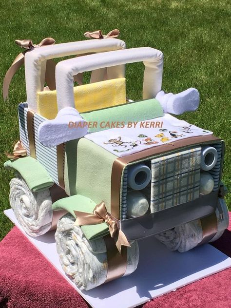 Crafty Fun Group | A JEEP diaper cake I made for a baby shower gift | Facebook Diaper Jeep, Jeep Diaper Cake, Jeep Cake, Fun Group, Creative Gardening, Diaper Cakes, Dollar Tree Crafts, Tree Crafts, Baby Cake