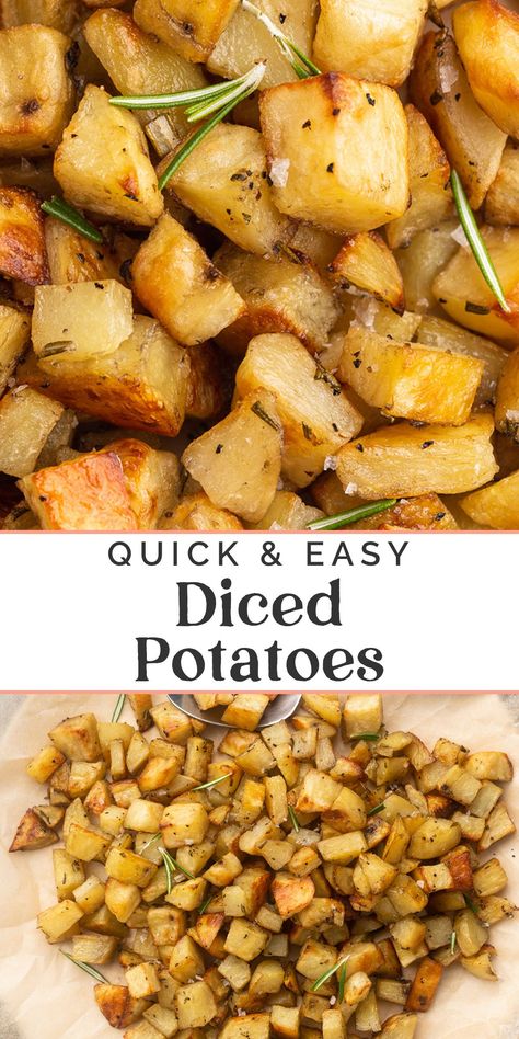 Simple yet flavorful diced potatoes to accompany any breakfast or dinner dish. Seasoned with fresh rosemary, salt, and pepper, then oven-roasted for a crisp crust surrounding tender centers. This easy potato recipe is sure to be a go-to for your family. Russet Potato Oven Recipes, Seasoned Diced Potatoes, Potatoes In The Oven Diced, Meals With Russet Potatoes, Diced Frozen Potato Recipes, Baked Diced Potatoes Oven, Diced Potatoes Skillet, Roasted Diced Potatoes, Diced Potato Recipes