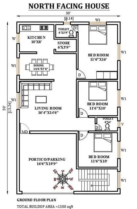 30x50 North Facing House Plan - House Ka Naksha 3CB 1500 Sq Ft House Plans, Affordable House Design, 30x50 House Plans, 1500 Sq Ft House, South Facing House, North Facing House, Vastu House, 2bhk House Plan, Three Bedroom House Plan