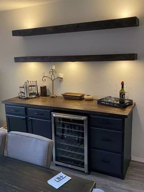 Dry Bar Countertop Ideas, Home Bar With Butcher Block Top, Dry Bar Lighting, Foyer Bar Ideas, Tiny Basement Bar Ideas, Diy Home Dry Bar, Dry Bar With Butcher Block Top, Serving Bar In Dining Room, Dining Room With Bar Cabinet