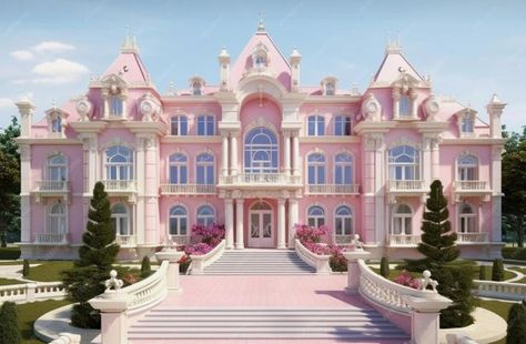 Princess House Exterior, Pink Mansion Aesthetic, Barbie House Exterior, Palace Design Exterior, Pink Mansion Bloxburg, Pink Mansion Exterior, Pink Castle Aesthetic, Coquette Mansion, Cute Mansion