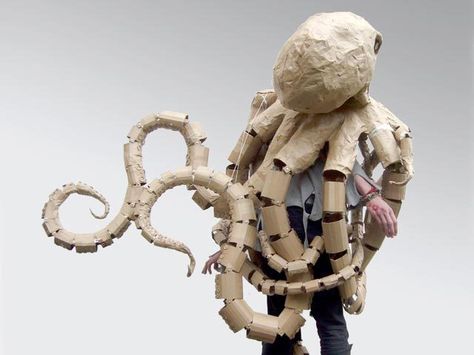 Halloween Costumes For Big Kids, Recycled Costumes, Octopus Costume, Cardboard Costume, Cardboard Mask, Cardboard Sculpture, Creative Costumes, Cardboard Art, Halloween Costumes College