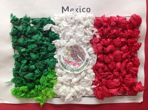 Mexican flag craft with tissue paper for Cinco de Mayo Mexican Flag Craft, Mexico Independence Day Crafts For Kids, Mexican Independence Day Crafts, Mexican Crafts For Kids, Culture Day At School Ideas, Craft With Tissue Paper, Flag Art Project, Mexico Crafts, Hispanic Heritage Month Activities