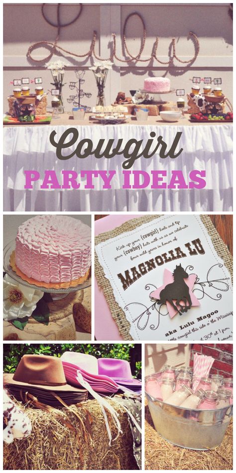 A pink ruffle cake, milk bottles and invitation are included at this cowgirl birthday party!  See more party ideas at CatchMyParty.com! Western Cowgirl Party Ideas, Cowgirl 13th Birthday Party, Birthday Party Ideas Boys, Pink Ruffle Cake, First Birthday Party Ideas, Birthday Party Idea, Western Birthday Party, Horse Birthday Parties, Western Birthday