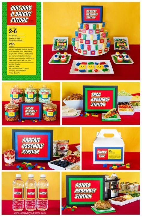 This Lego-Themed Teacher Appreciation Party Will Inspire Every Party You Ever Throw Lego Teacher, Teacher Appreciation Party, Teacher Party, Lego Theme, Gourmet Gift Box, Staff Appreciation Week, Coffee Gift Basket, Appreciation Message, Volunteer Appreciation