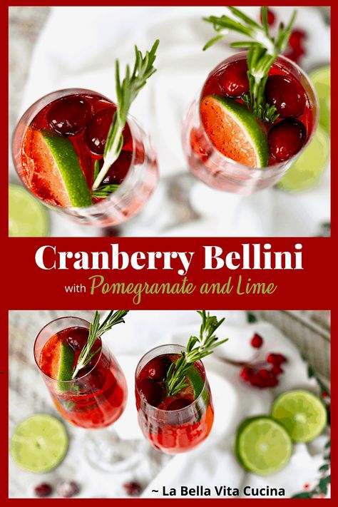 Cranberry and Pomegranate Bellini | La Bella Vita Cucina  #cranberry #italian #bellini #cocktail #prosecco #cranberry #pomegranate #christmas #thanksgiving Italian Bellini, Pomegranate Christmas, Cocktail Prosecco, Strawberry Bellini, Cranberry Pomegranate, Simple Syrup Cocktails, Bellini Cocktail, Rosemary Simple Syrup, Italian Cocktails