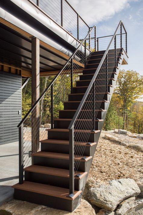 Learn about Keuka Studios Custom Fabricated Stairs and Railings Blog Modern Exterior Stairs, Steel Staircase Design Outdoor, Deck Steps With Railing, Outdoor Staircase Railing Design, External Staircase Design, House Exterior Stairs, Modern Exterior Railing, Exterior Stairs Architecture, Outdoor Stairs To House Entrance