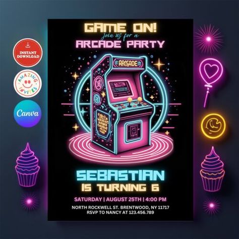 Editable Arcade Invitation, Neon Glow Invite, Arcade Party, Boys Gamer Party digital products electronic products invites invitation templates birthday party events celebrations weddings engagements graduation party ebay etsy invites Retro Video Game Party, Arcade Birthday Party, Arcade Theme, Birthday Party Neon, Arcade Birthday Parties, Arcade Birthday, Neon Glow Party, Arcade Party, Gaming Arcade