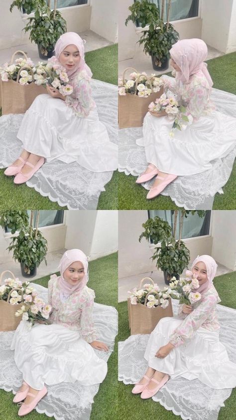 Outfit Garden Party Hijab, Pose Yearbook, Yearbook Idea, Vintage Hijab, Femininity Style, Pink Hijab, Garden Party Outfit, Year Book, Picnic Dress