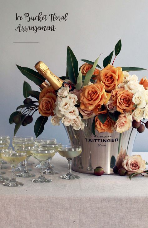 @TaittingerUSA Ice Bucket Floral Arrangment! Wine Bucket Centerpiece, Bucket Centerpiece Ideas, Bucket Centerpiece, Don Perignon, Custom Champagne Bottle, Bucket Decor, 25th Wedding Anniversary Party, Reims France, Houses In France