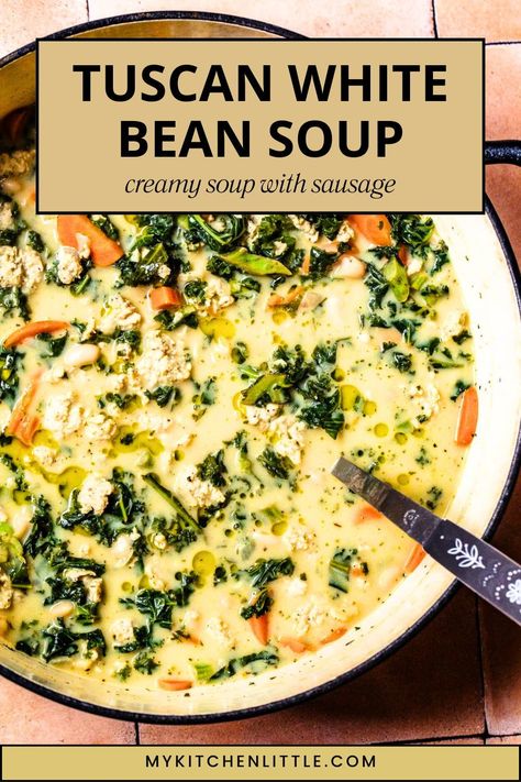 Try this easy creamy Tuscan white bean soup with sausage. Perfect for Italian soup recipes, fast dinner solutions, and comfort food. Save to your "Hearty Soups" board and visit the article for the full recipe! Budget Soup Recipes, Bean And Kale Soup, Tuscan Sausage Soup, Ina Garten Tuscan White Bean Soup, Tucson White Bean Soup, Tuscan Bean Soup Recipe, Sausage And White Bean Soup, Creamy Tuscan Soup, Tuscan Soup With Sausage