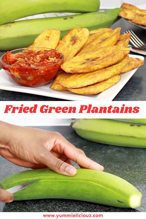 Fried green plantains recipe. This plantain recipe is easy and delicious. Colombian Plantain Recipe, Fried Green Plantains, Plantain Gnocchi, Green Plantain Recipes, Plantains Recipe, Fried Plantain Recipe, Plantain Bread, Bahamian Food, Caribbean Dishes