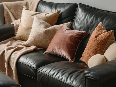 How to Decorate a Living Room with Black Leather Couches Decor With Black Leather Couch, How To Style A Black Leather Couch, Black Leather Recliner Living Room Decor, Black Leather Furniture Living Room, Leather Couch Living Room Black, Black Leather Sofa Living Room Ideas, Leather Couch Pillow Ideas, Black Leather Couch Living Room Decor, Black Leather Chair Living Room