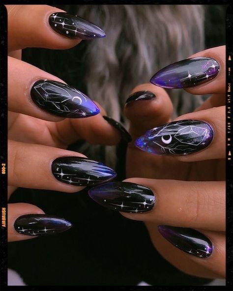 Witchy Nail Designs Acrylic, Acrylic Nail Designs Witchy, Witchy Moon Nails, Girly Gothic Nails, Witch Wedding Nails, Gothic Manicure Ideas, Witchcraft Nail Designs, Halloween Nails Witches, Purple Goth Nails Short