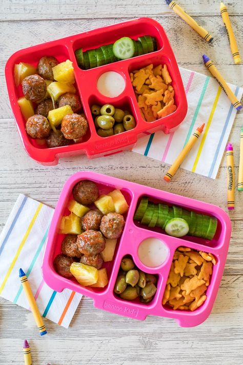 5 Bento Box School Lunches • Freutcake Lunches To Pack, Kids Lunch Box Meals, Bento Box Lunch For Kids, Lunch Foods, Kindergarten Lunch, Preschool Lunch, Bentgo Kids, Mini Meatballs, Kids Lunch Recipes