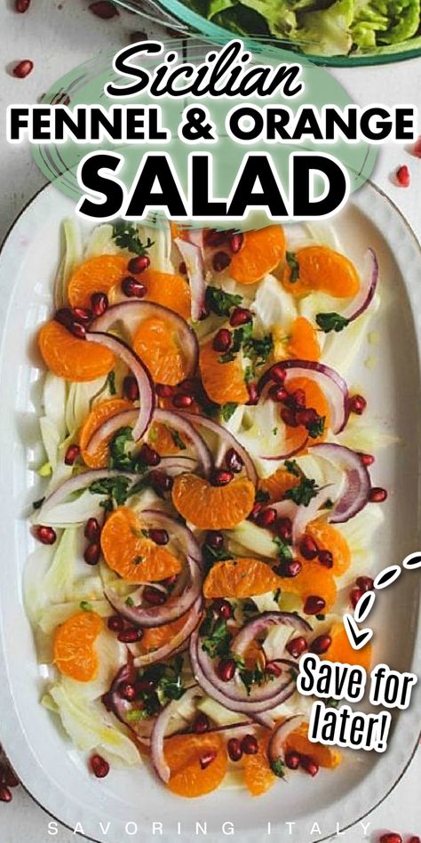 The most refreshing of winter salads, this recipe for Sicilian fennel and orange salad is a delight. It's vibrant and bursting with fresh flavors from the sweet and juicy oranges, crunchy fennel, red onions, and tart pomegranate arils. Salad With Oranges, Orange Salad Recipes, Fennel And Orange Salad, Winter Salads, Unique Salad, Mediterranean Diet Meal Plan, Fennel Salad, Sicilian Recipes, Orange Salad