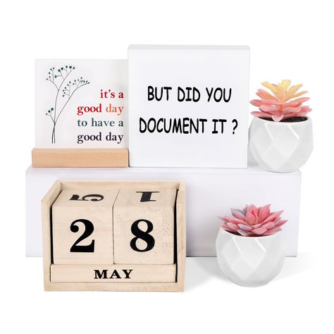 PRICES MAY VARY. 【Exquisite Positive Office Decor Gifts Set】This is an exquisite positive table decor gifts set, which includes 1 wooden box logo that printed with" but did you document it?", 1 office decoration plaque that printed with "it's a good day to have a good day ", 1 wooden desk calendar, 2 artificial succulents, adding beautiful scenery to your office. 【Premium & Durable】Each product in this office desk decor set is made of high-quality eco-friendly material, which is BPA free, sturdy Cute Office Gifts, Medical Assistant Desk Decor, Floral Office Decor Work Spaces, Work Mom Gifts, Office Desk Decor Ideas At Work, Bohemian Home Office Decor, School Front Office Decor, Zen Cubicle Decor, Receptionist Desk Decor