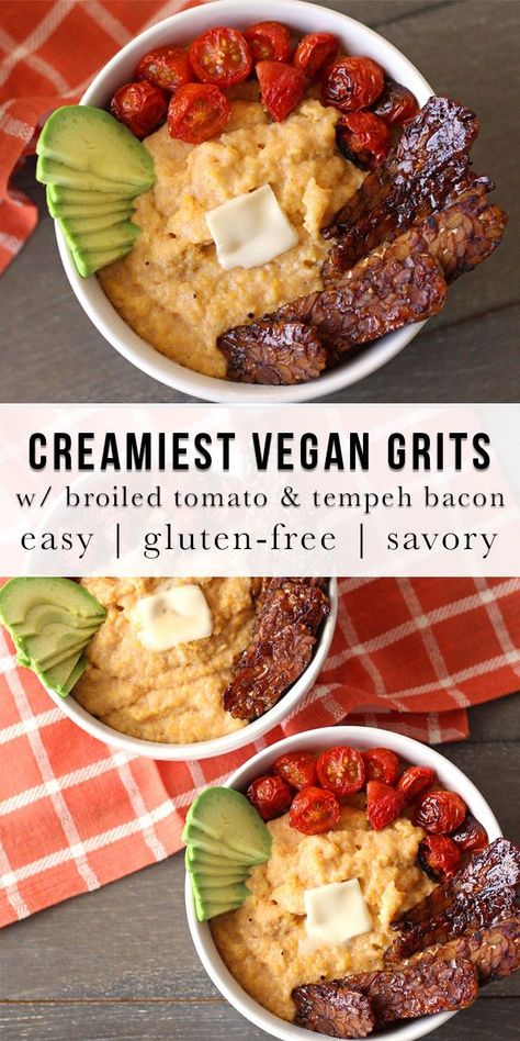 Vegan Grits Bowl, Vegan Grits Breakfast, Vegan Grits Recipe, Vegan Cajun Recipes, Grits Bowl, Vegan Grits, Savory Vegan Breakfast, Broiled Tomatoes, Cheesy Grits Recipe