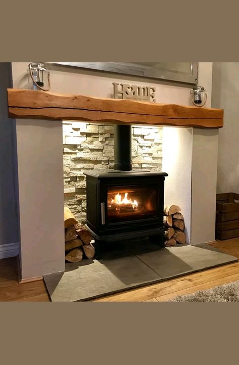 Oak Beam Fireplace, Corner Wood Stove, Wood Burner Fireplace, Wood Burning Stoves Living Room, Log Burner Living Room, Log Burner Fireplace, Oak Fireplace, Fireplace Beam, Wood Stove Fireplace