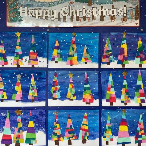 Múinteoir Clara on Instagram: "⭐️🎄Oh Christmas Tree🎄⭐️ . . . Our gorgeous art lesson from today! 🤩 3rd Class made winter wonderland trees!!! 🎄🤩 ABSOLUTELY LOVE THEM! Came across this idea on Pinterest and saved it! We gave it a go today! ⭐️ 🎄Step One: We painted our winter wonderland backgrounds. We used cotton buds to create snow 🤍 🎄Step 2: We cut our trees and added lots of colourful tissue paper to them! This can take a while!!! Just letting y’all know in advance! 🤣 🎄 Step 3: We ad Christmas Tree Art Kindergarten, Ks2 Christmas Art, Grade 2 Christmas Art, One Day Christmas Art Projects, Grade 3 Christmas Art, 1st Grade Christmas Art, 4th Grade Christmas Art Projects, Winter Tree Art For Kids, Grade 1 Christmas Art