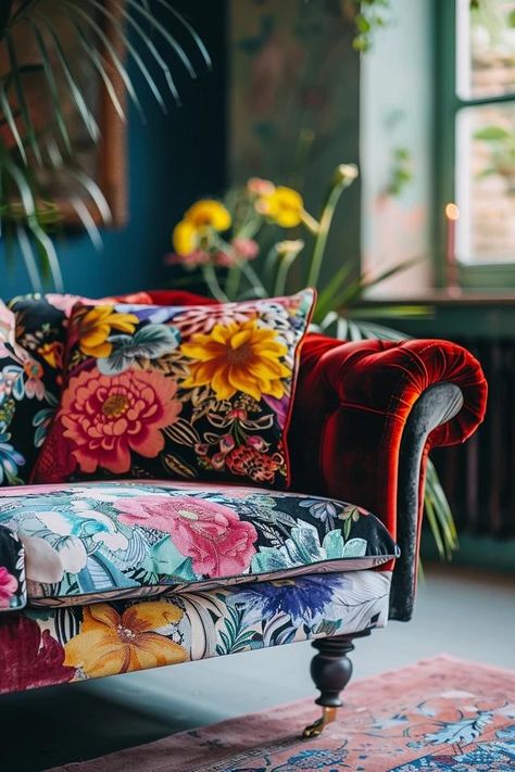 Colorful Boho Sofa - Shop Trendy Bohemian & Chic Sofas Boho Sofas, Printed Couch, Modern Floral Decor, Mexican Style Home, Sofa Boho, Boho Couch, Mexican Sun, Resin Wicker Patio Furniture, Floral Couch