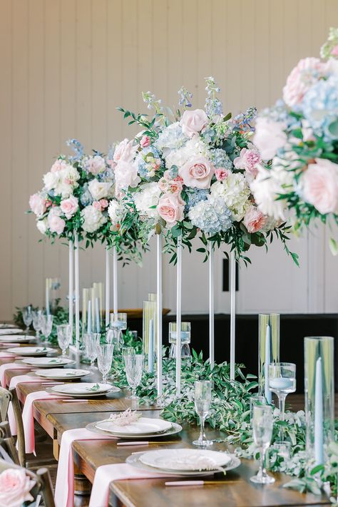 Classic, garden style tall centerpieces in blush, blue and white. Foxbelle Weddings Photography Blue And Pink Wedding Centerpieces, Blush Blue Wedding, Pastel Wedding Centerpieces, Tall Arrangements, Reception Theme, Beach Reception, Blue Flower Arrangements, Wedding Settings, Soft Romance