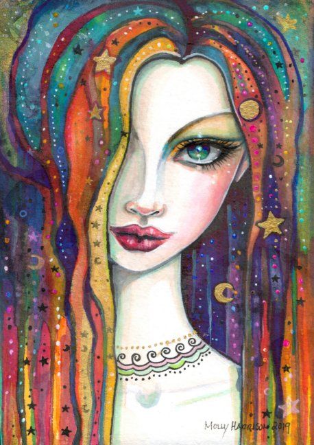 Fantasy Celestial, Celestial Woman, Whimsical Art Paintings, Pretty Faces, Mixed Media Art Journaling, Fairy Art, Art Journal Pages, Beauty Art, Art Journal Inspiration