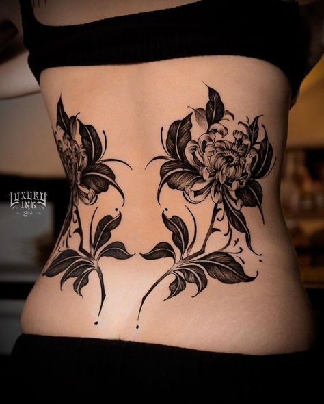 Flower Ink Art, Floral Backpiece Tattoo, Flowers Tattoo Back, Flower Back Tattoos, Japanese Chrysanthemum Tattoo, Medium Size Tattoo, Dark Flower Tattoo, Back Flower Tattoo, Lower Stomach Tattoos For Women