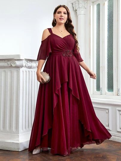 Plus Floral Embroidered Rhinestone Detail Flutter Sleeve Sequin Bridesmaid Dress | SHEIN USA Burgundy Prom Dress Plus Size, Plus Size Long Dresses Formal, Plus Size Burgundy Dress, Dresses To Wear To A Wedding Plus Size, Bridesmaid Dresses For Plus Size, Bridesmaid Dresses Curvy, Gown For Plus Size Women, Curvy Bride Dress, Red Dress Plus Size