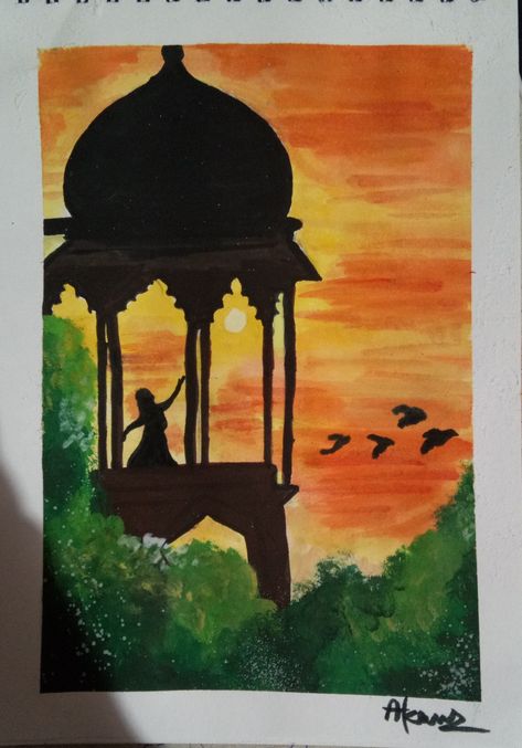 Sunset paintings,easy paintings, lonely girl painting Daily Life Composition Painting, Composition Drawing, Poster Color Painting, Composition Painting, Beautiful Art Paintings, Watercolor Paintings Easy, Indian Paintings, Mini Drawings, Easy Watercolor