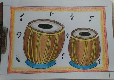 Oil pastel Tabla Drawings, Tabla Instrument Drawing, Instrument Drawing, Subject Drawing, Instruments Drawing, Pic Drawing, Basic Drawings, Basic Drawing For Kids, Musical Instruments Drawing