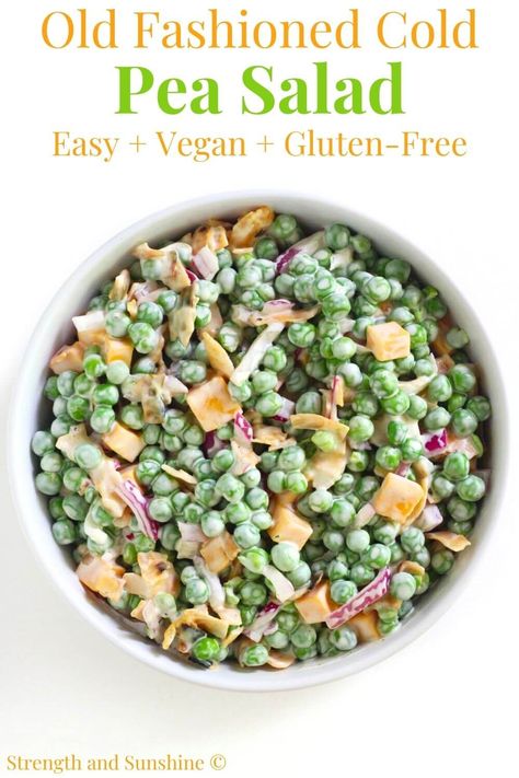 Old-Fashioned Pea Salad (Vegan, Gluten-Free) | Strength and Sunshine | This classic Old-Fashioned Pea Salad is the perfect cold and creamy potluck salad for every occasion! Vegan and gluten-free, this easy English pea salad uses eggless mayo, dairy-free cheddar, and smokey coconut bacon. A simple and quick allergy-friendly version of your grandma's go-to Southern holiday or cookout side dish! Pea Salad Vegan, Cold Pea Salad, Eggless Mayo, English Pea Salad, Pea Salad With Bacon, Dairy Free Breakfast Recipes, Potluck Salad, Pea Salad Recipes, Creamy Peas