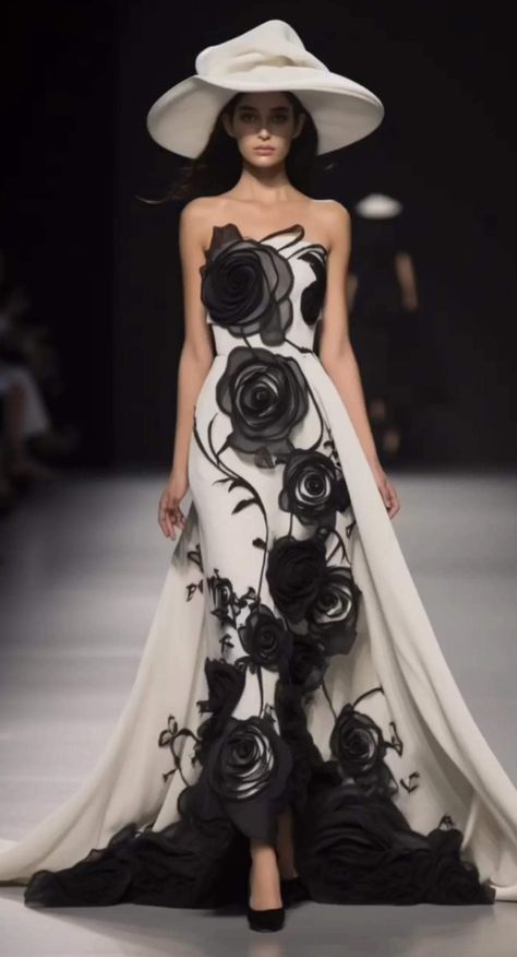 Hollywood Glamour Party Outfit, Black And White Haute Couture, Creative Dresses, Fashion Designer Dress, Detail Couture, Prom Elegant, Elegant Ball Gowns, Flowers Dress, Couture Mode