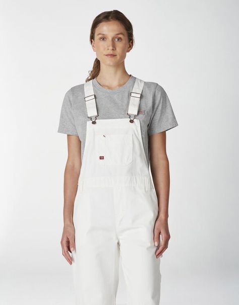 Overalls Outfit Dickies, Dickies Jumpsuit Women White, White Overalls With Pockets For Workwear, Dickies Overalls Outfit, Dickies White Overalls, Retro Medium Wash Bib Front Overalls, White Overalls Outfit, Dickies Overalls, Denim Jumpsuit Outfit