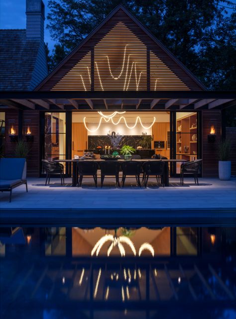 💡SPOTLIGHT ON: Smiros & Smiros Architects | We worked directly with Jason McHugh at @smirosarchitects on their sleek Pool House project in Garden City, New York. The pool house features three Luke Lamp Co. fixtures - two Tracer Bars and a custom Tracer Loop layout. Recently, we sat down with Jason to get his thoughts on design and how he approaches his work. Learn more and read the full interview on our new blog series: www.lukelampco.com/designer-spotlight House In Garden, Modern Pool House, Modern Pool, Shingle Style Homes, New York City Apartment, Modern Pools, Apartment Renovation, New York Apartment, City New York