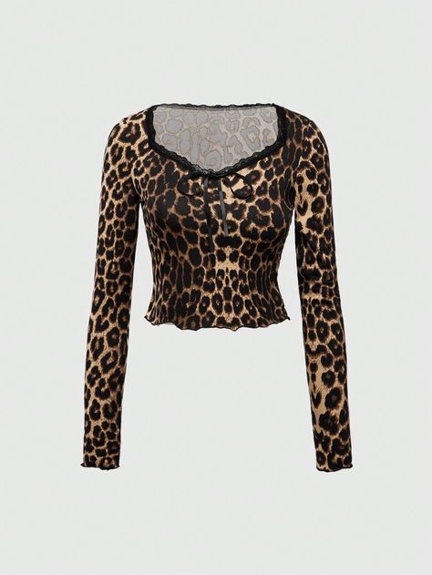 Multicolor Casual Collar Long Sleeve Knitted Fabric Leopard Print,Textured Pattern  Embellished High Stretch  Women Clothing Cheetah Print Clothes, Leopard Print Shirts, Leopard Top Outfit, Leopard Fabric, Aesthetic Grunge Outfit, Leopard Print Shirt, Leopard Print Sweater, Flared Sleeves Top, Leopard Fashion