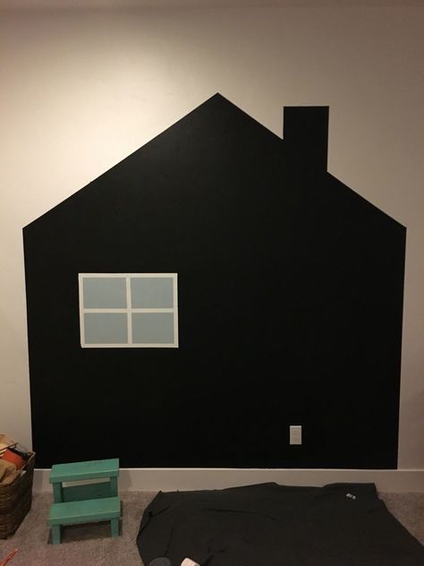 House Outline On Wall Playroom Diy, Chalkboard Wall Nursery, Chalkboard Wall Kids Room, Diy House Chalkboard, Chalkboard House Wall, Pallet Ceiling, Playhouse Diy, Hallway Gallery Wall, Make A Chalkboard