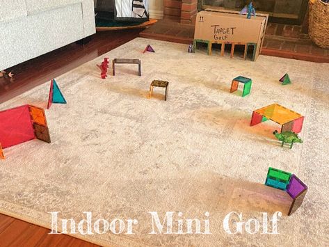 Family Fun: DIY Indoor Mini Golf Backyard Mini Golf, Indoor Putt Putt, Target Golf, Amazon Boxes, Indoor Mini Golf, Golf Diy, Mini Golf Course, Kids Golf, A Piece Of Cake