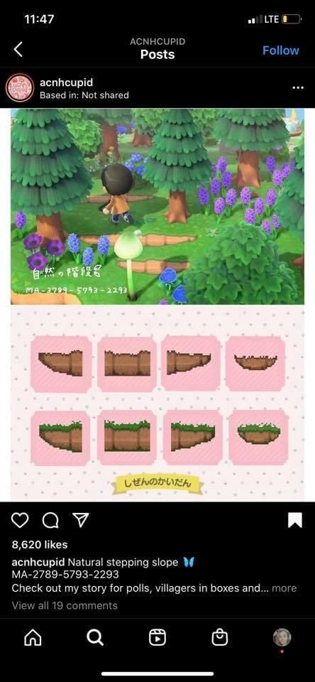 Found on instagram Acnh Guide Path, Pathway Codes Animal Crossing, Goblincore Acnh Codes, Pathway Codes Acnh, Custom Design Paths Acnh, Animal Crossing New Horizon Path Codes, Acnh Forestcore Clothing Codes, Pathcodes Acnh, Acnh Garden Design Code