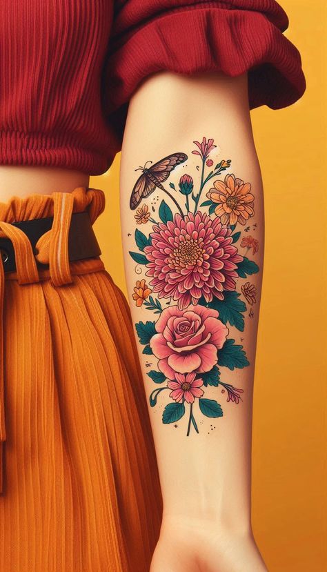 🌸✨ Chrysanthemum & Rose Tattoo: A Vintage Floral Duo! ✨🌹 Victorian Flower Tattoo, Zinnia Flowers Tattoo, Chrysanthemums Tattoo, Dahlia Tattoo Design, Tattoo Chrysanthemums, Ranunculus Tattoo, Flower Arm Tattoos, Chrysanthemum Art, Vintage Floral Tattoos